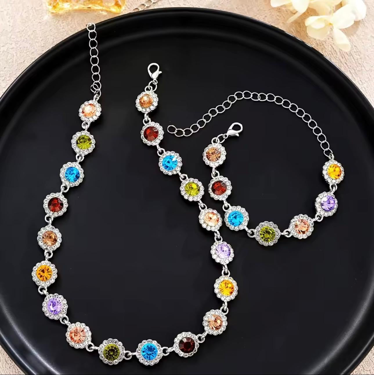 Luxury Rainbow Crystal Bracelet & Anklet Set for Women – Silver Rhinestone Floral Chain Jewelry