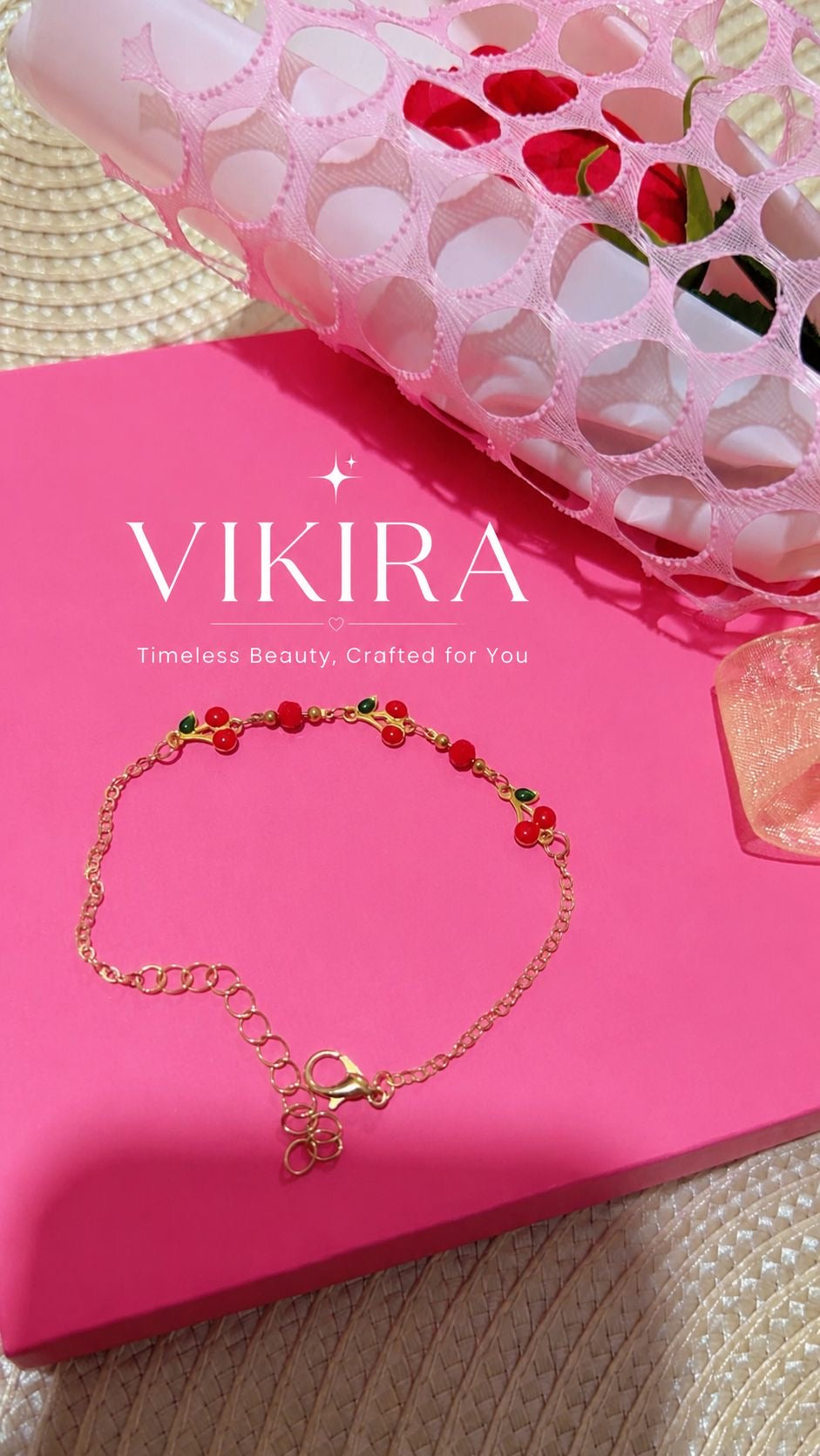 Cherry Blossom Charm Bracelet – Gold Beaded Adjustable Bracelet