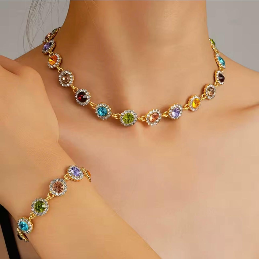 Luxury Rainbow Crystal Bracelet & Anklet Set for Women – Silver Rhinestone Floral Chain Jewelry