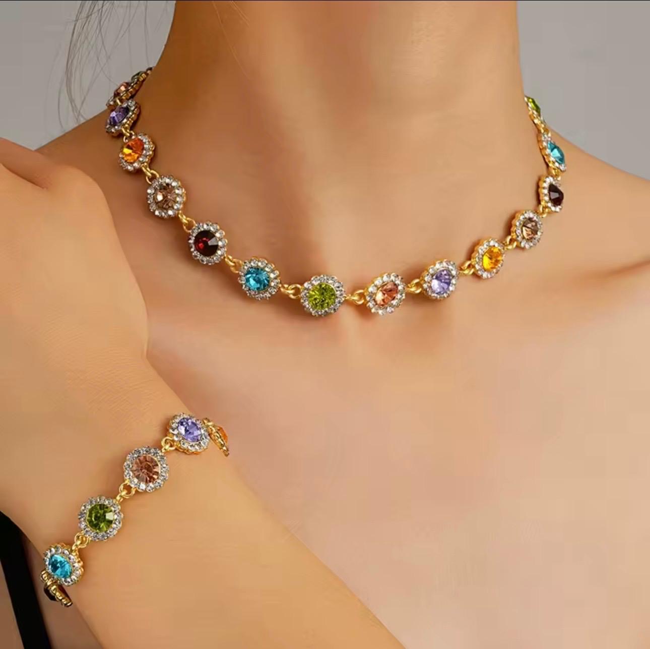 Luxury Rainbow Crystal Bracelet & Anklet Set for Women – Silver Rhinestone Floral Chain Jewelry