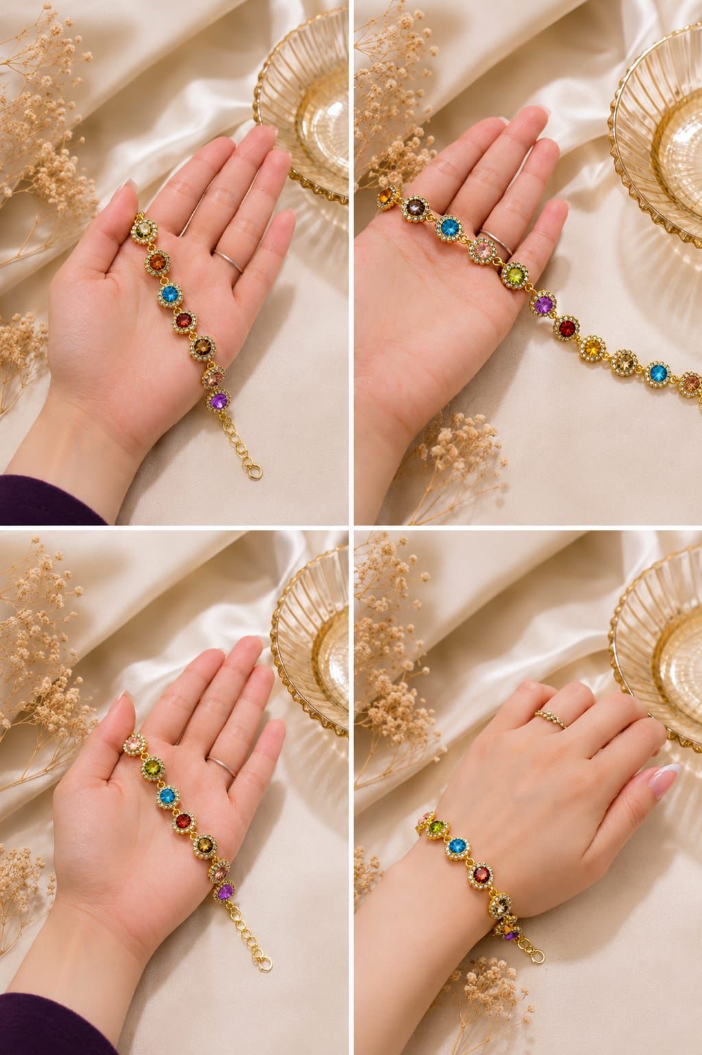 Luxury Rainbow Crystal Bracelet & Anklet Set for Women – Silver Rhinestone Floral Chain Jewelry